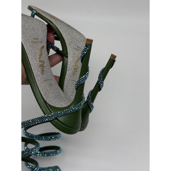 Rene Caovilla Cleo Crystal Embellished 105 Strappy Sandals Green Women's Size 38 - Picture 10 of 16